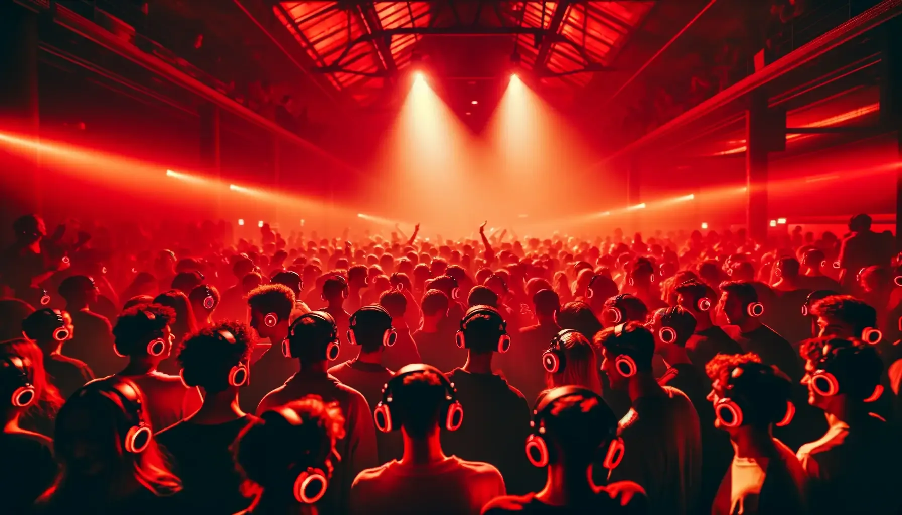 Tłum w słuchawkach silent disco w czerwonym świetle